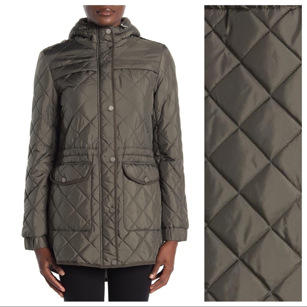 NWT. Lucky Brand Olive Syntetic Faux Shearling Lined Hood Quilted Jacket Size S.